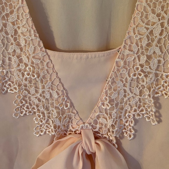 Vintage 80’s Dress Peach Accordion Pleated Pussybow Lace Collar Padded Shoulders - Picture 12 of 16